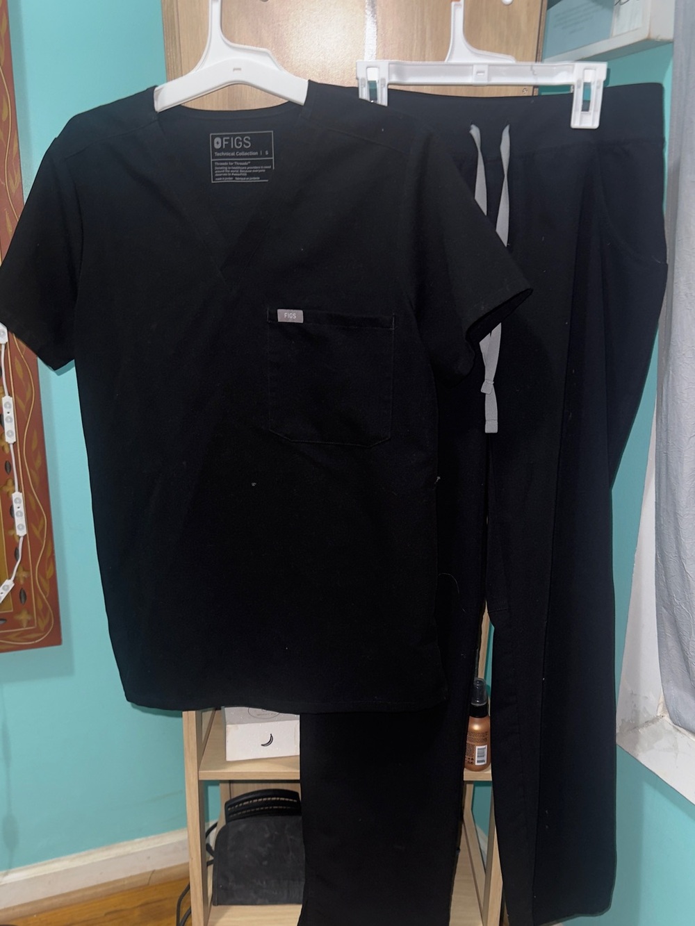 FIGS Black Short-Sleeve V-Neck Scrub Top with Black Drawstring Pants
